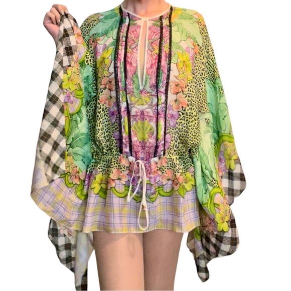 Roberto Cavalli Tops - Just Cavalli 1990s Green Pink Multicolored floral Silk Tunic Kaftan Top dress